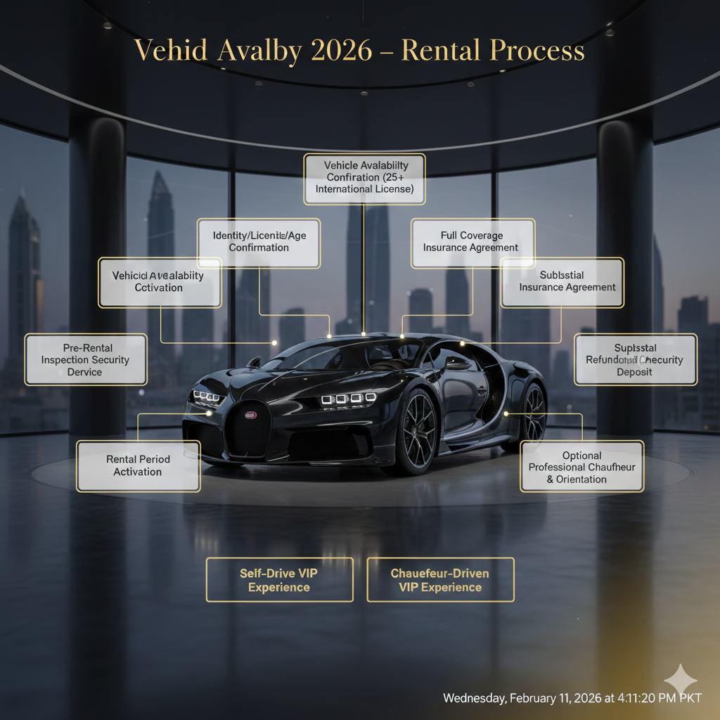 Bugatti Chiron 2026 rental process infographic showing hypercar in center with step-by-step booking and VIP options highlighted