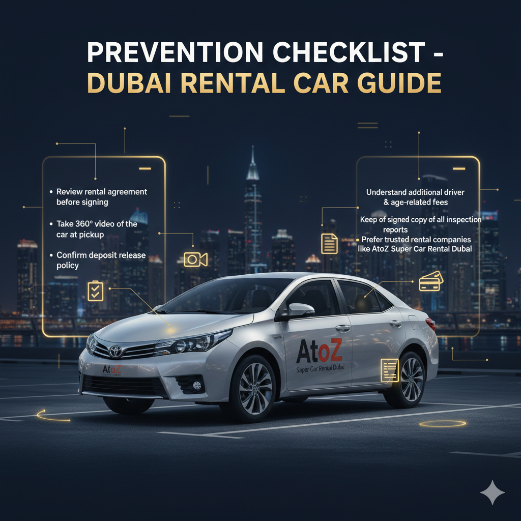 Infographic image showing a premium rental vehicle in Dubai with side panels displaying a prevention checklist: review rental agreement, take 360° video, confirm deposit release, understand driver and age fees, keep inspection reports, and prefer trusted rental companies.