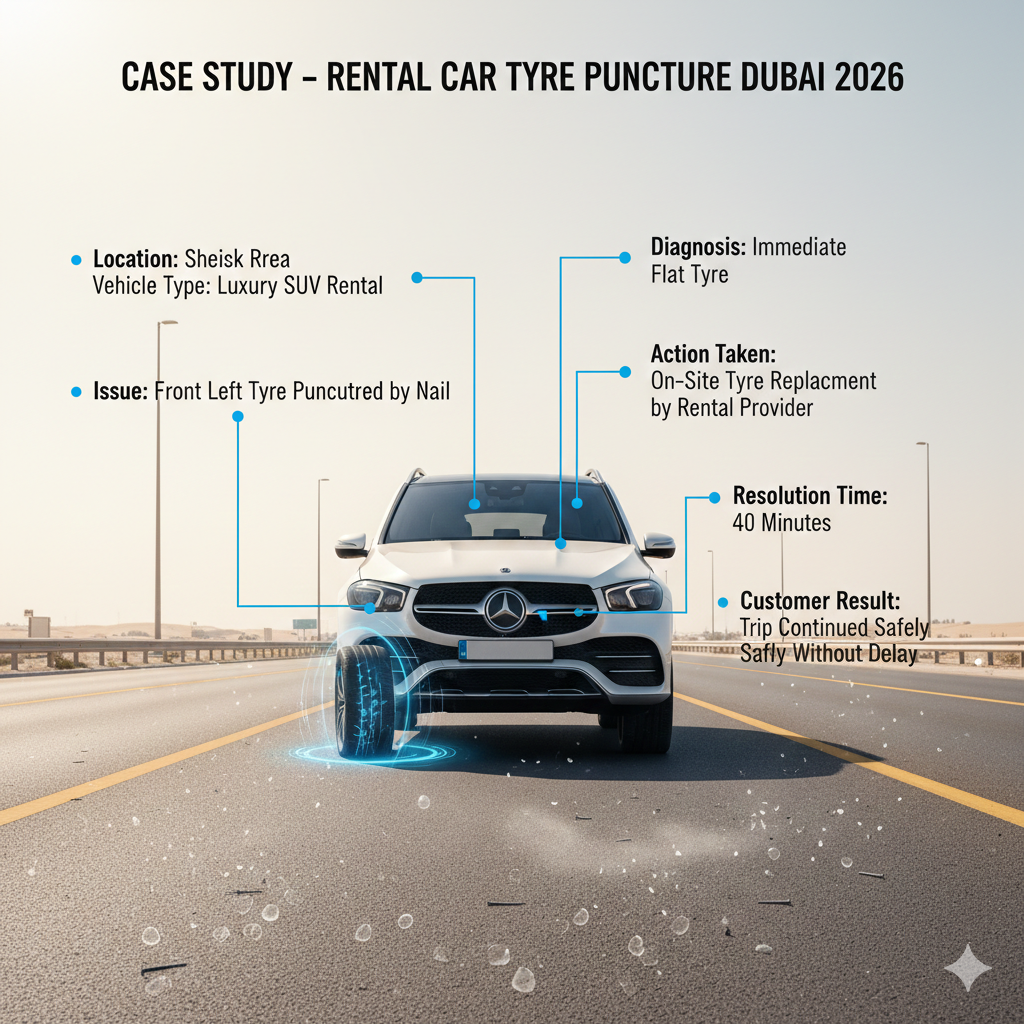 Case Study – Rental Car Tyre Puncture Dubai 2026 Case study of 2026 Dubai rental car tyre puncture showing luxury SUV with front left tyre highlighted, on-site replacement, and key scenario details on sides.