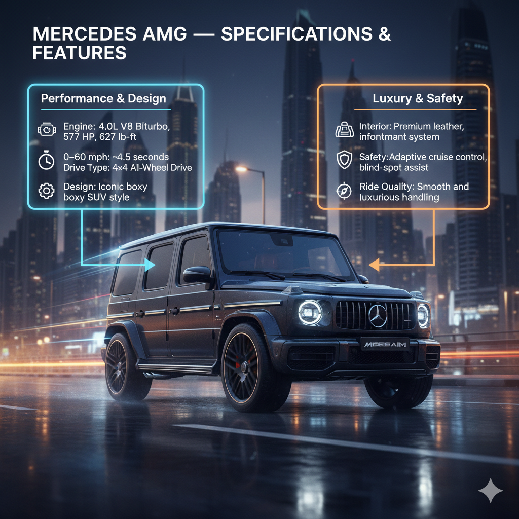 "Mercedes G63 AMG – Key Features User Guide" "Feature image for Mercedes G63 AMG user guide with title at the top, key features as bullet points on sides, and luxury SUV centered with animated highlights."