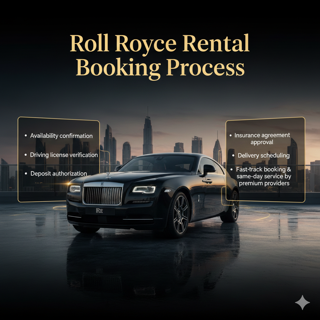 Rolls Royce Wraith rental booking process infographic showing step-by-step workflow with cinematic luxury editorial layout