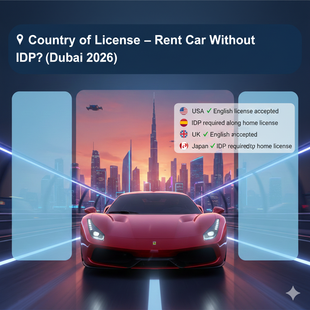 "Country of License – Rent Car Without IDP? (Dubai 2026)" "User guide image for Dubai 2026 car rentals showing the title 'Country of License – Rent Car Without IDP?' at the top, luxury animated-style car in the center with Dubai skyline, and empty side spaces for notes and bullet points."