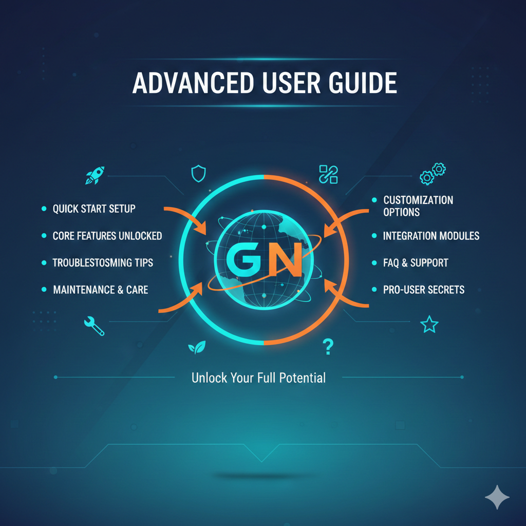 Feature image for user guide showing the title on top, key points on sides, and a central brand image with animated infographic elements.