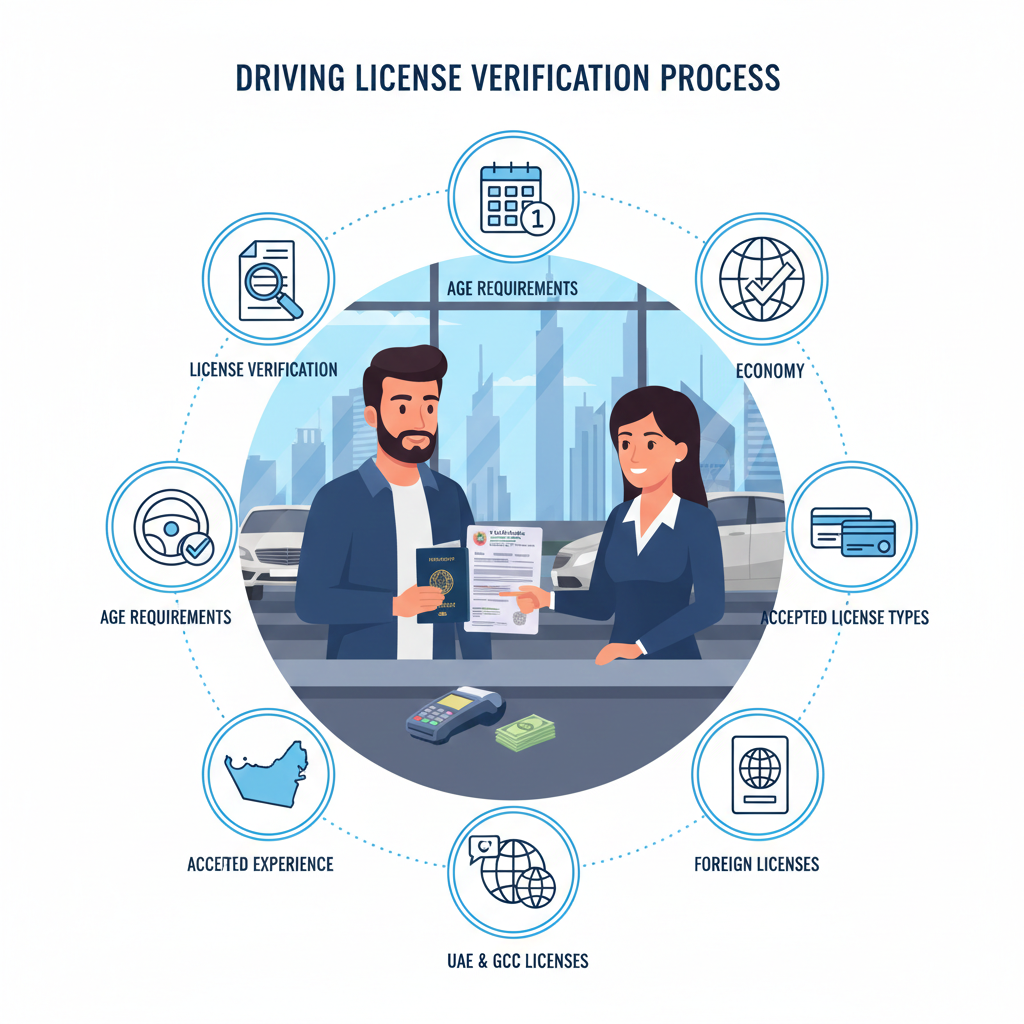 Dubai car rental customer showing driving license, passport, and International Driving Permit to clerk, illustrating driving license requirements for car rental Dubai.