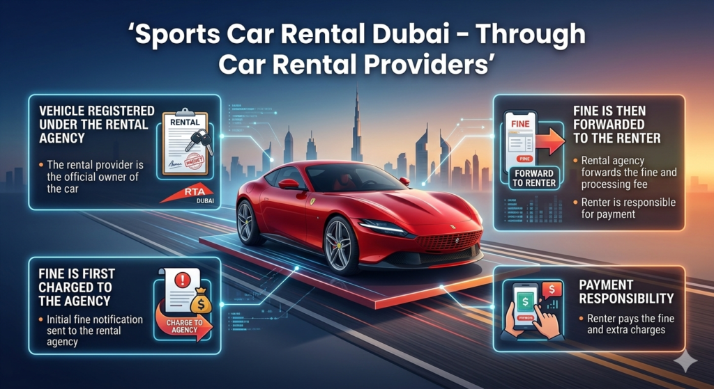 "User guide infographic showing a premium sports car in the center with the top title 'Sports Car Rental Dubai – Through Car Rental Providers', key points on both sides about rental agency fine processing, in animated infographic style with Dubai skyline background."