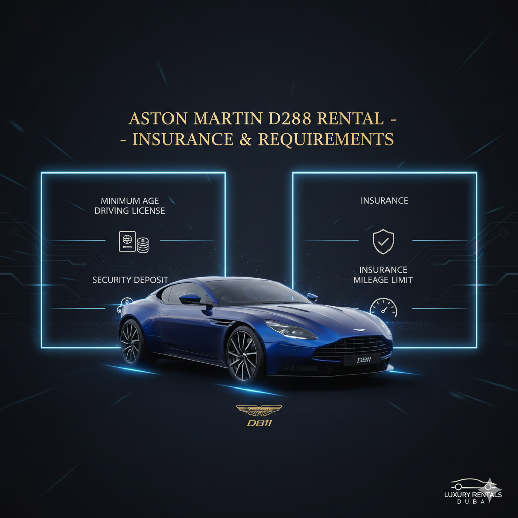 User guide infographic showing Aston Martin DB11 in the center with title at the top and side spaces for key insurance and rental requirements like Minimum Age, Driving License, Security Deposit, Insurance, and Mileage Limit.
