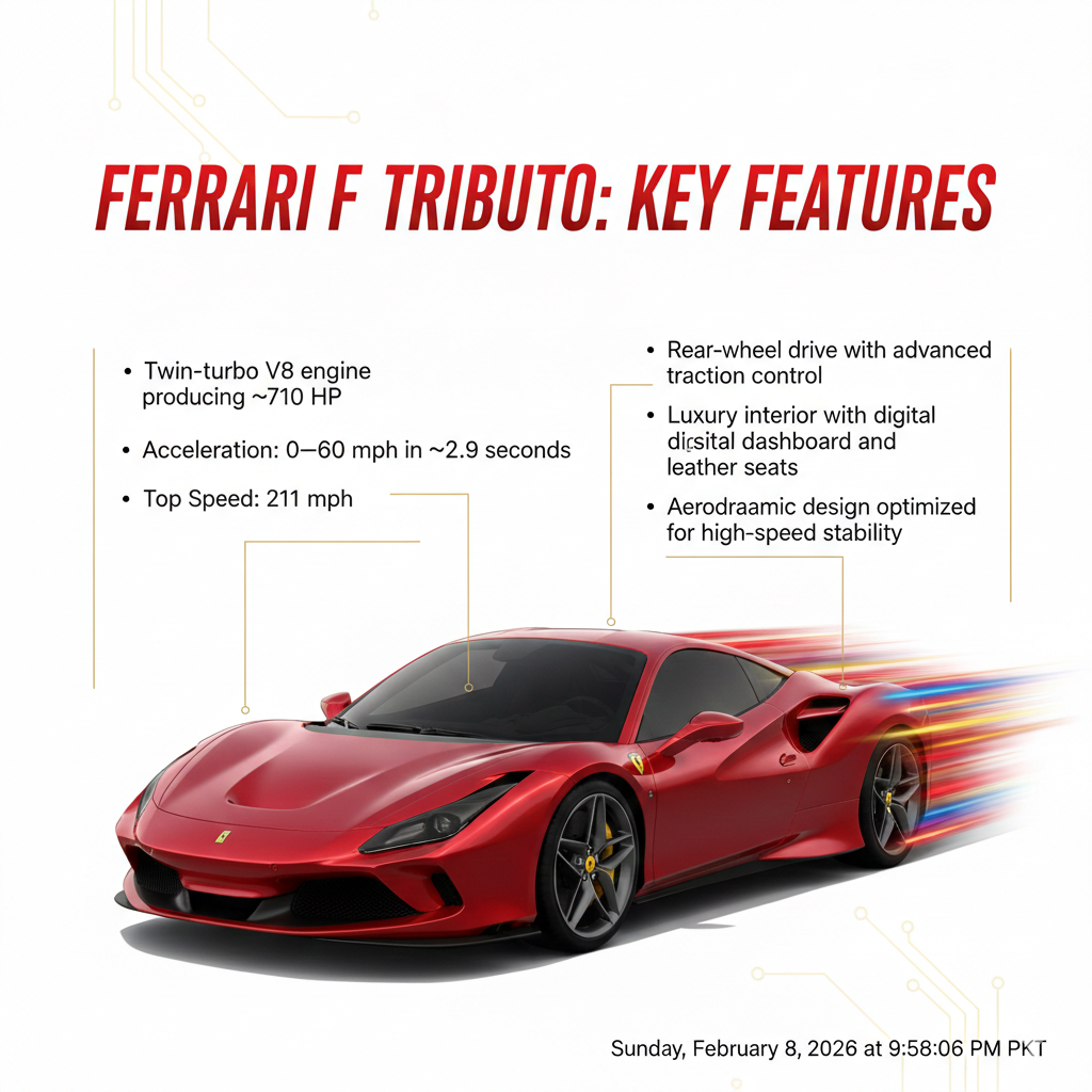 "Ferrari F8 Tributo Rental – Key Features User Guide Visual" "High-resolution animated user guide image showing the title 'Key Features of Ferrari F8 Tributo for Rental' at the top, central Ferrari F8 Tributo illustration, and side bullet points highlighting engine, acceleration, top speed, drive, interior, and aerodynamics."