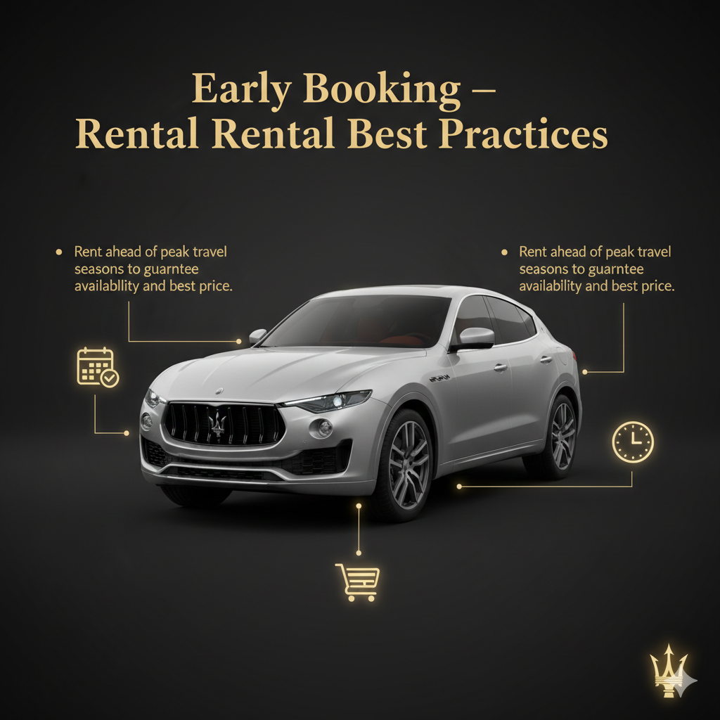 "Early Booking – Maserati Levante Rental Best Practices" "Infographic for 'Early Booking – Maserati Levante Rental Best Practices' showing title at the top, key booking tip as a bullet on the sides, and a central high-quality Maserati Levante image with animated infographic-style icons highlighting early booking."