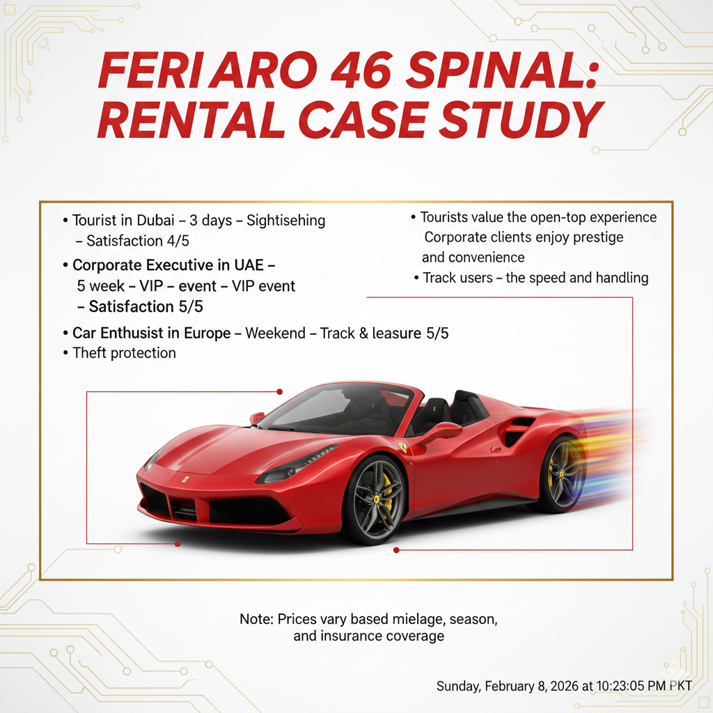 "Ferrari 488 Spider Rental Case Study – User Guide Visual" "High-quality animated user guide image showing the title 'Ferrari 488 Spider Rental Case Study' at the top, a central Ferrari 488 Spider illustration, and side bullet points summarizing user locations, durations, purposes, satisfaction, and insights."