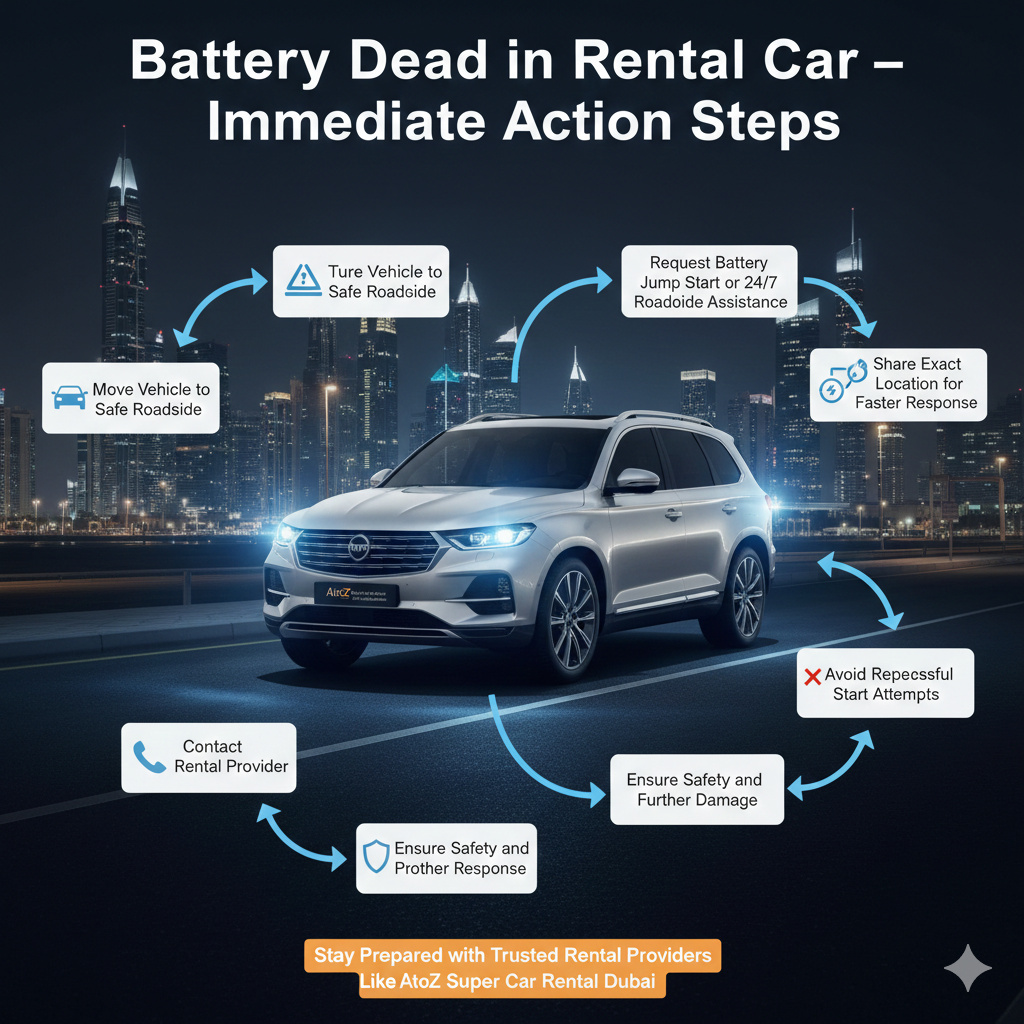 Infographic showing step-by-step instructions for handling a battery dead rental car in Dubai, with a central premium vehicle and side-listed steps including moving to safe roadside, hazard lights, contacting rental provider, requesting jump start, sharing location, and avoiding repeated start attempts.