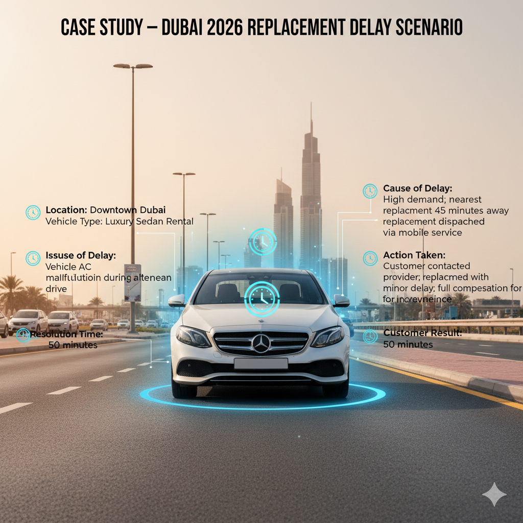 Case study of Dubai 2026 rental car replacement delay showing luxury sedan with waiting indicators and side bullet points for scenario details.