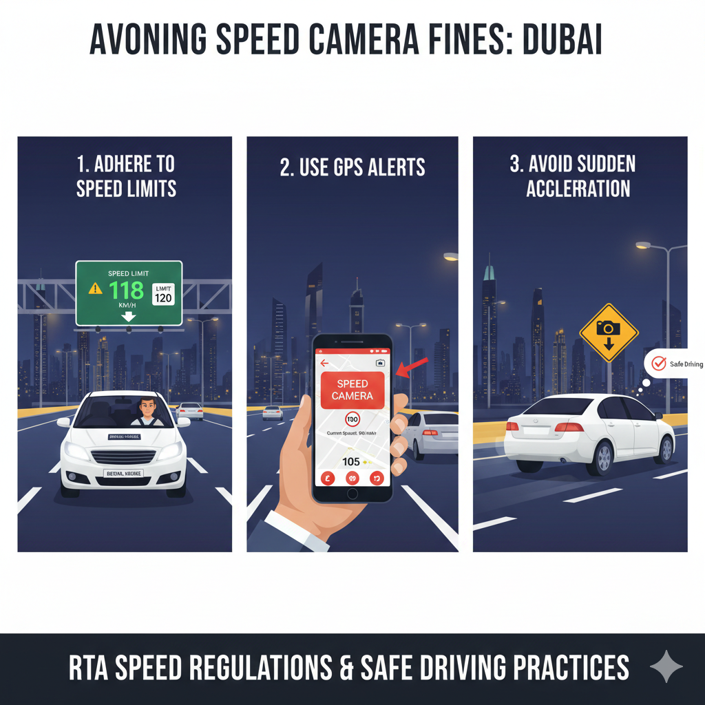 Tips to Avoid Speed Camera Fines Dubai 2026 – Feature Image Illustration of a rental car driving safely within speed limits in Dubai, GPS speed alerts visible, speed camera signs on the road, and the driver practicing safe driving to avoid fines.