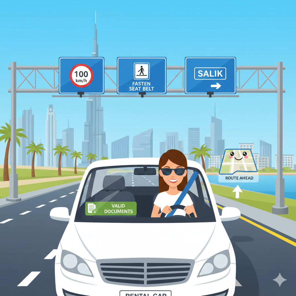 “Tourist driving a rental car in Dubai with road signs, speed limits, seat belts, Salik tolls, and landmarks like Burj Khalifa, infographic style for user guide understanding.”