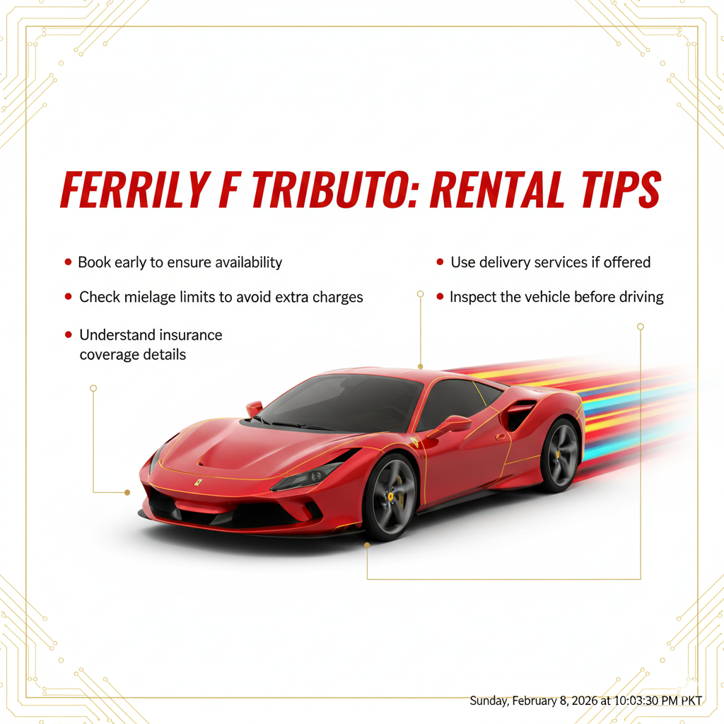 "Ferrari F8 Tributo Rental Tips 2026 – User Guide Visual" "High-quality animated user guide image showing the title 'Ferrari F8 Tributo Rental Tips 2026' at the top, central Ferrari F8 Tributo illustration, and side bullet points listing key rental tips."
