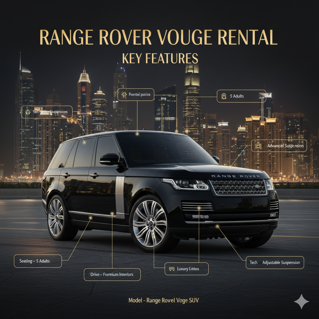 "Range Rover Vogue Rental Key Features guide image showing central black Range Rover Vogue SUV, title at top, side panels listing model, 4WD drive, seating capacity, premium interiors, infotainment tech, and adjustable suspension in animated infographic style with Dubai skyline background."