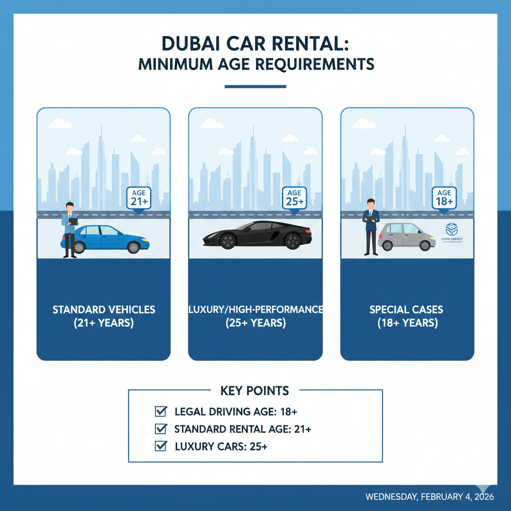 Infographic showing minimum age requirements for renting standard, luxury, and special-case cars in Dubai with age icons and vehicle illustrations