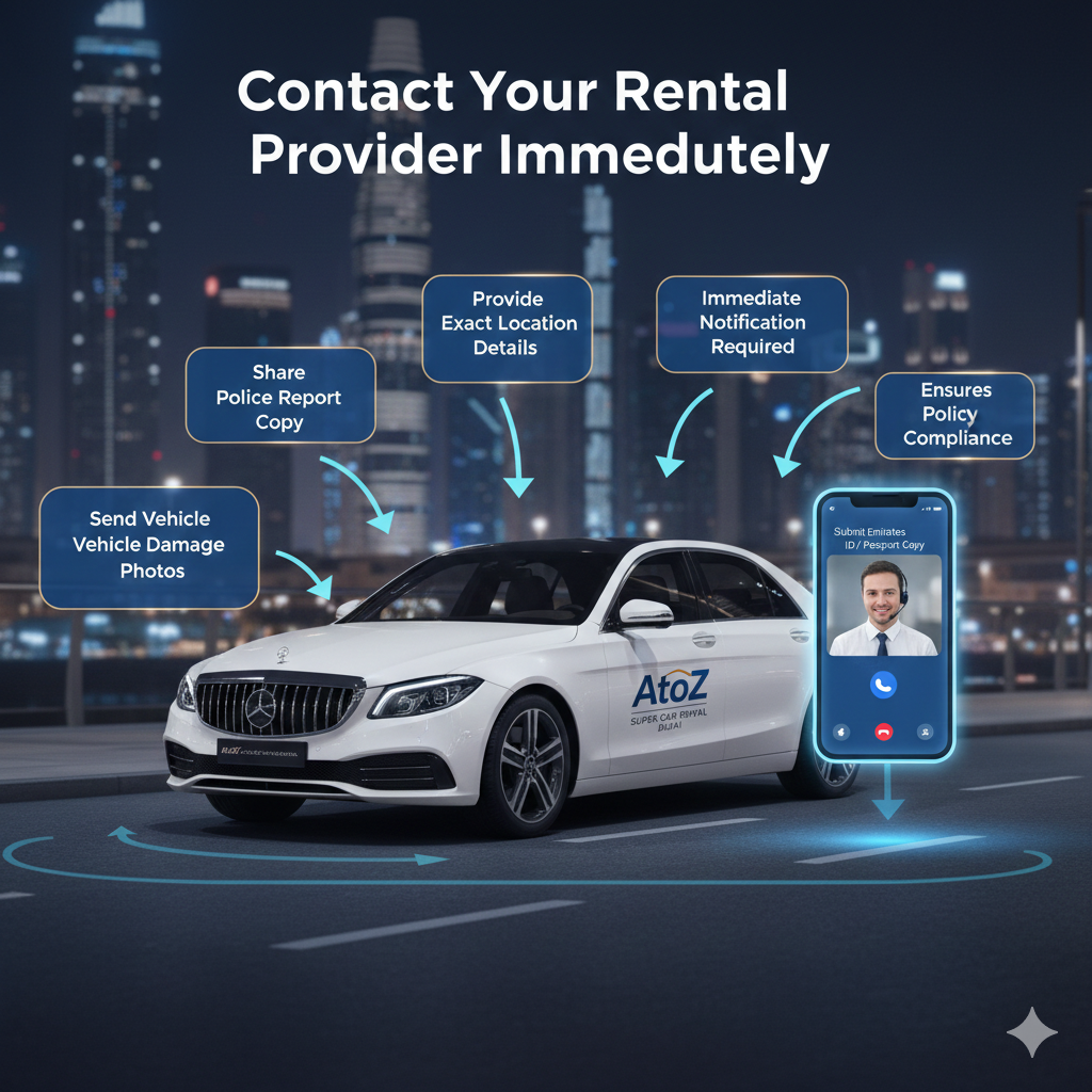 Infographic showing driver contacting AtoZ Super Car Rental Dubai after accident with police report copy, vehicle damage photos, location details, and ID documents for insurance claim compliance.