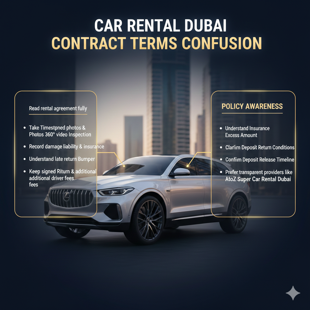Premium infographic image showing key points to avoid car rental contract confusion in Dubai, featuring a luxury rental vehicle, floating panels with contract tips, and animated UI-style design.