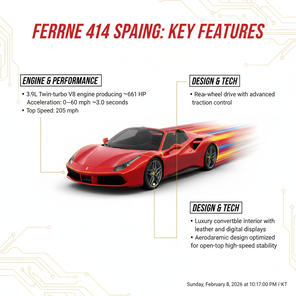 "Ferrari 488 Spider Rental – Key Features User Guide Visual" "High-quality animated user guide image showing the title 'Key Features of Ferrari 488 Spider for Rental' at the top, central Ferrari 488 Spider illustration, and side bullet points highlighting engine, acceleration, top speed, drive, interior, and aerodynamics."