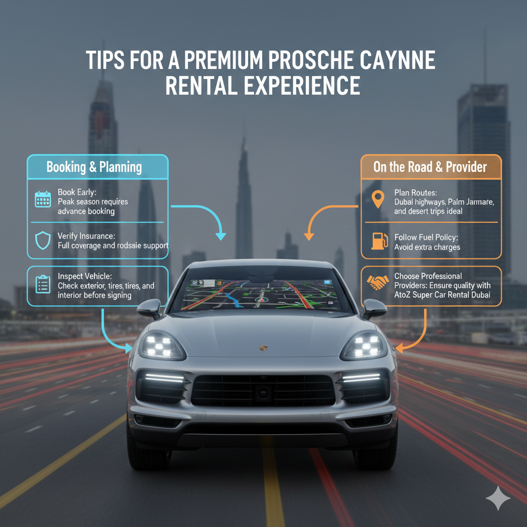 "Infographic showing tips for a premium Porsche Cayenne Turbo rental experience in Dubai, central car with glowing headlights, key tips displayed on sides, title on top."