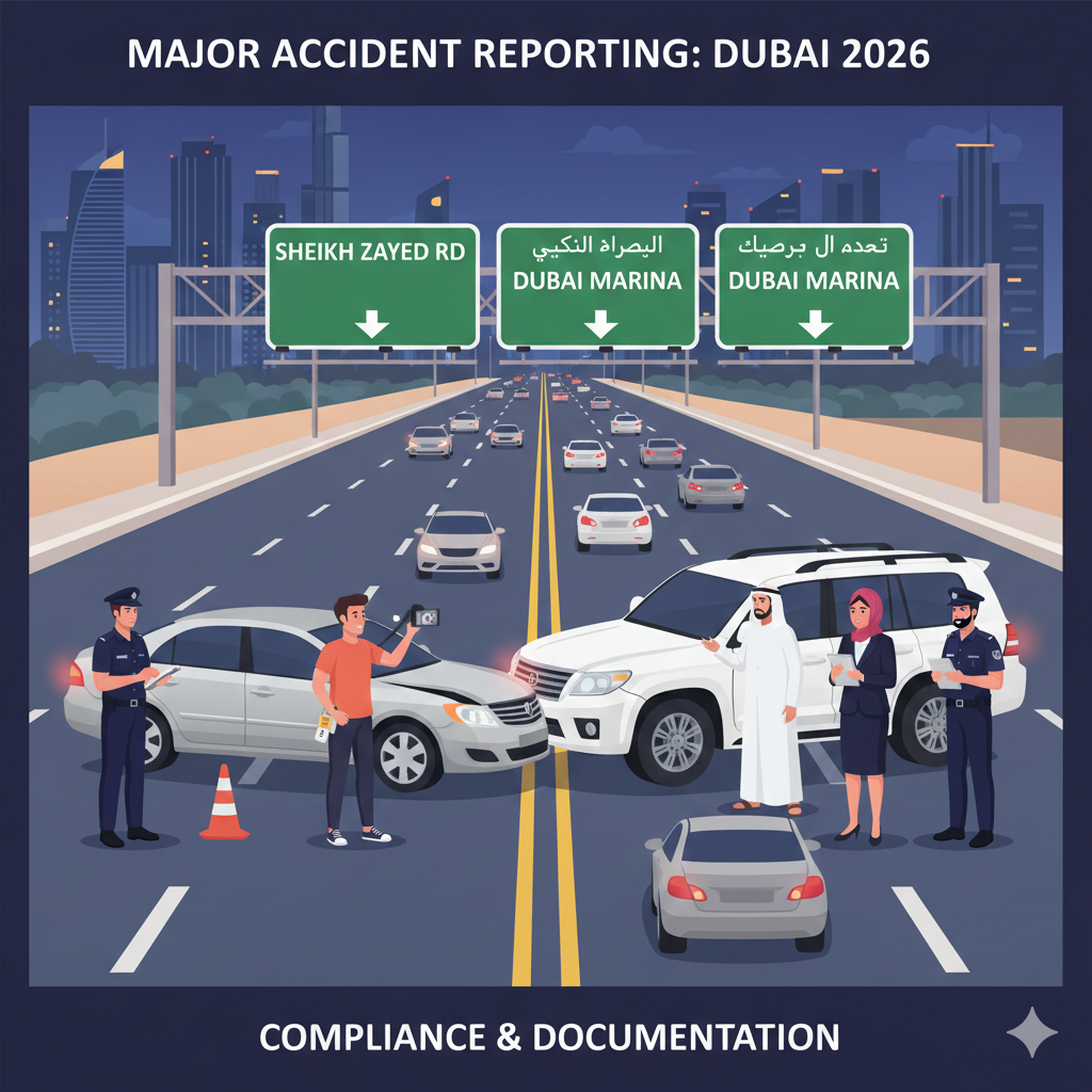 Illustration of a real Dubai car accident scenario with police documenting the scene, driver taking photos, and insurance processing, demonstrating proper compliance with major accident reporting rules 2026.