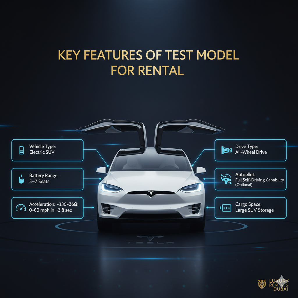 Key Features of Tesla Model X for Rental – User Guide Illustration Luxury infographic-style user guide showing Tesla Model X in the center with title at the top and side spaces for key features including Vehicle Type, Seating, Battery Range, Acceleration, Drive Type, Autopilot, and Cargo Space in animated infographic style.