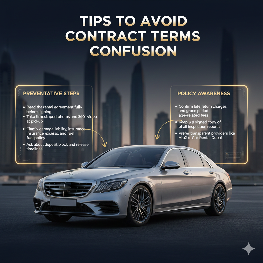 Tips to Avoid Contract Terms Confusion – Dubai Car Rental Guide Infographic image showing a luxury rental vehicle with floating panels displaying tips to avoid contract terms confusion in Dubai car rentals, including inspection, insurance, deposit, and policy clarity.