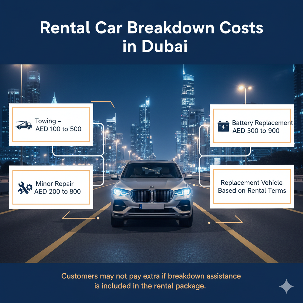 Infographic showing rental car breakdown service types and possible cost ranges in Dubai, with a central premium vehicle and costs listed on both sides.