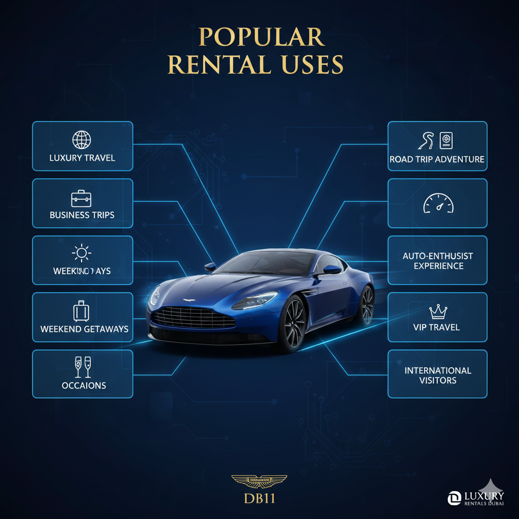 User guide infographic showing Aston Martin DB11 in the center with title at the top and side spaces for key rental uses like Luxury Travel, Business Trips, Weekend Getaways, Special Occasions, Road Trip Adventure, Auto‑Enthusiast Experience, VIP Travel, and International Visitors.
