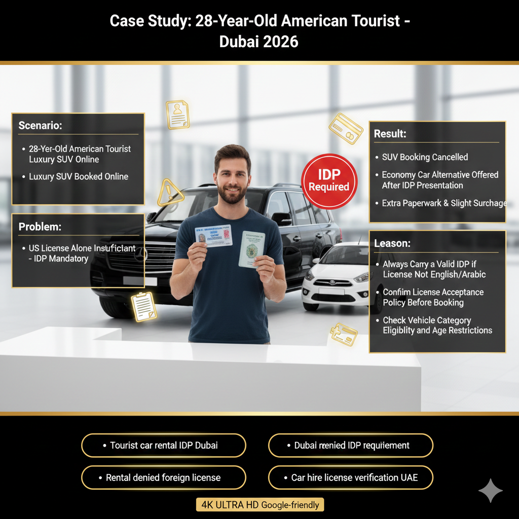 Infographic showing a 28-year-old American tourist whose luxury SUV booking in Dubai was canceled due to lack of IDP, with economy car alternative and surcharge icons.