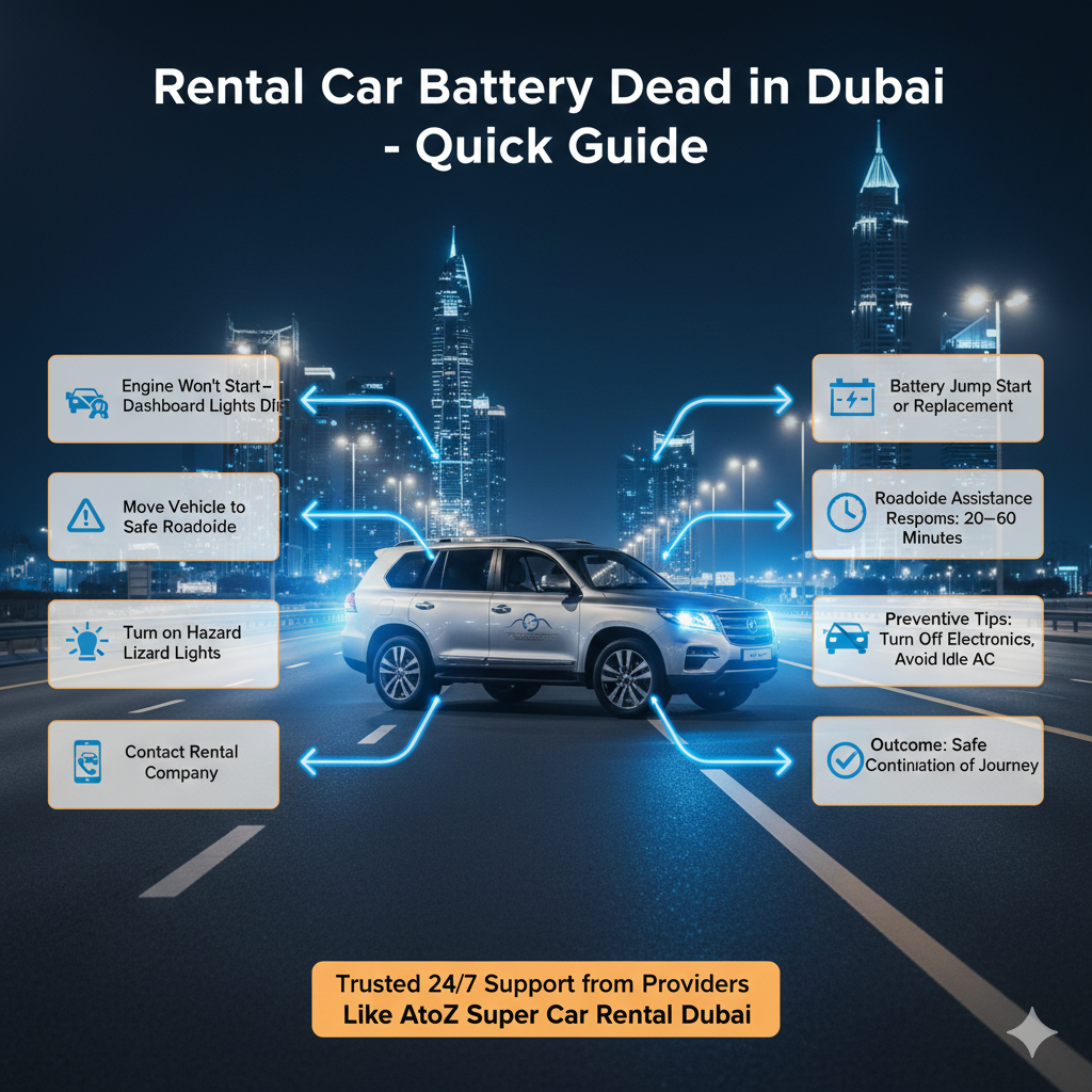 Infographic showing rental car battery dead scenario in Dubai, with a central premium vehicle and side-listed steps including engine won’t start, roadside safety, hazard lights, contacting rental company, battery jump start, response times, preventive tips, and outcome.