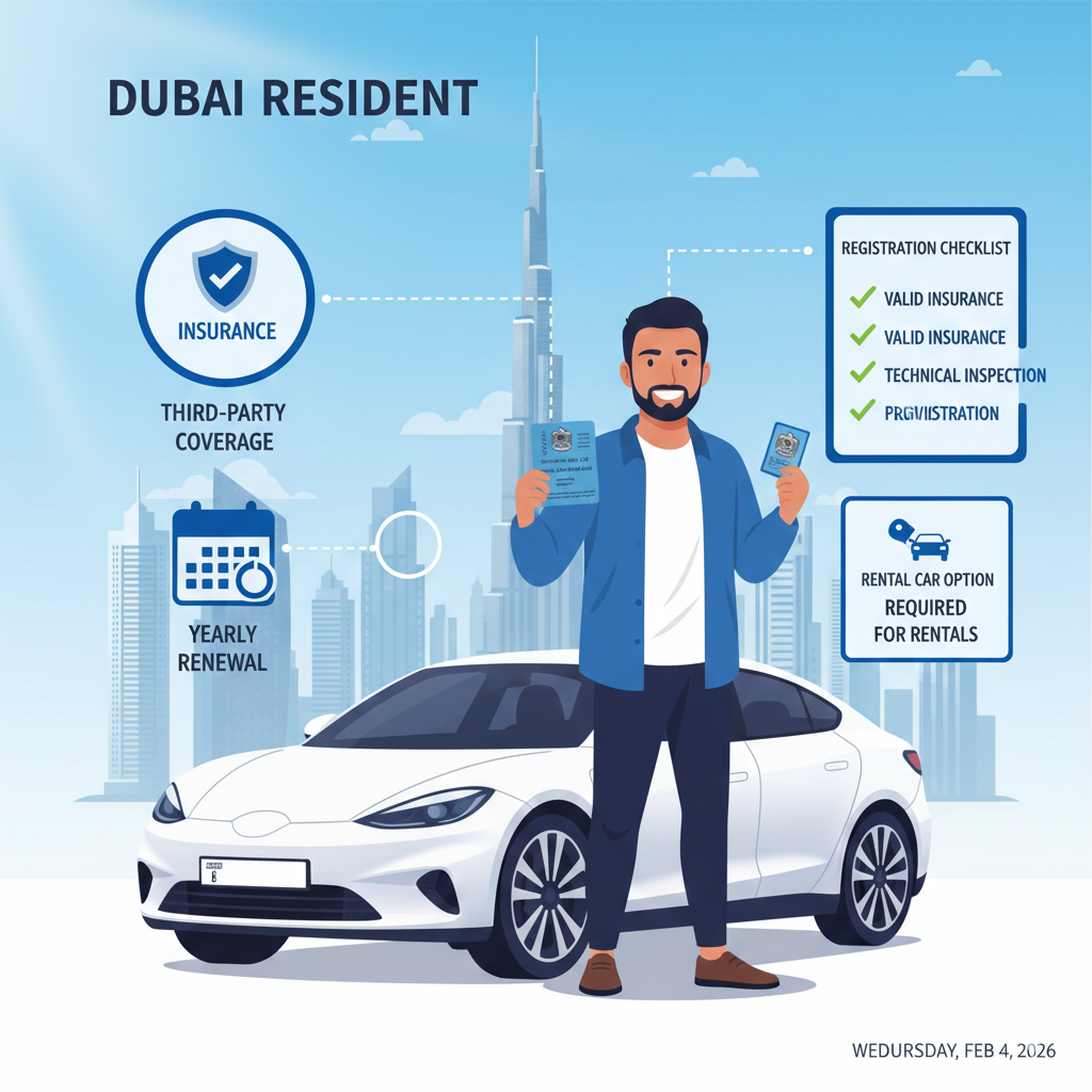 Infographic showing Dubai car insurance and vehicle registration requirements for residents