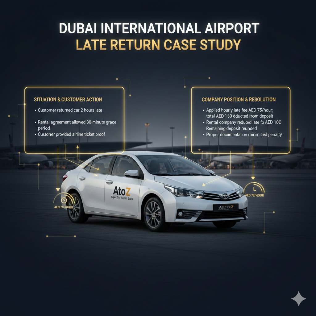 Infographic image showing a Toyota Corolla at Dubai International Airport with side panels summarizing a late return case study: 2-hour delay, 30-minute grace period, initial AED 150 fee, airline ticket proof submitted, late fee reduced to AED 100, and remaining deposit refunded.