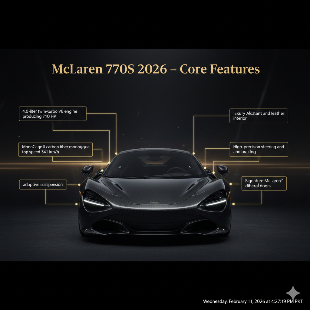 McLaren 720S 2026 supercar in cinematic editorial style with core features highlighted as animated infographic points around the car