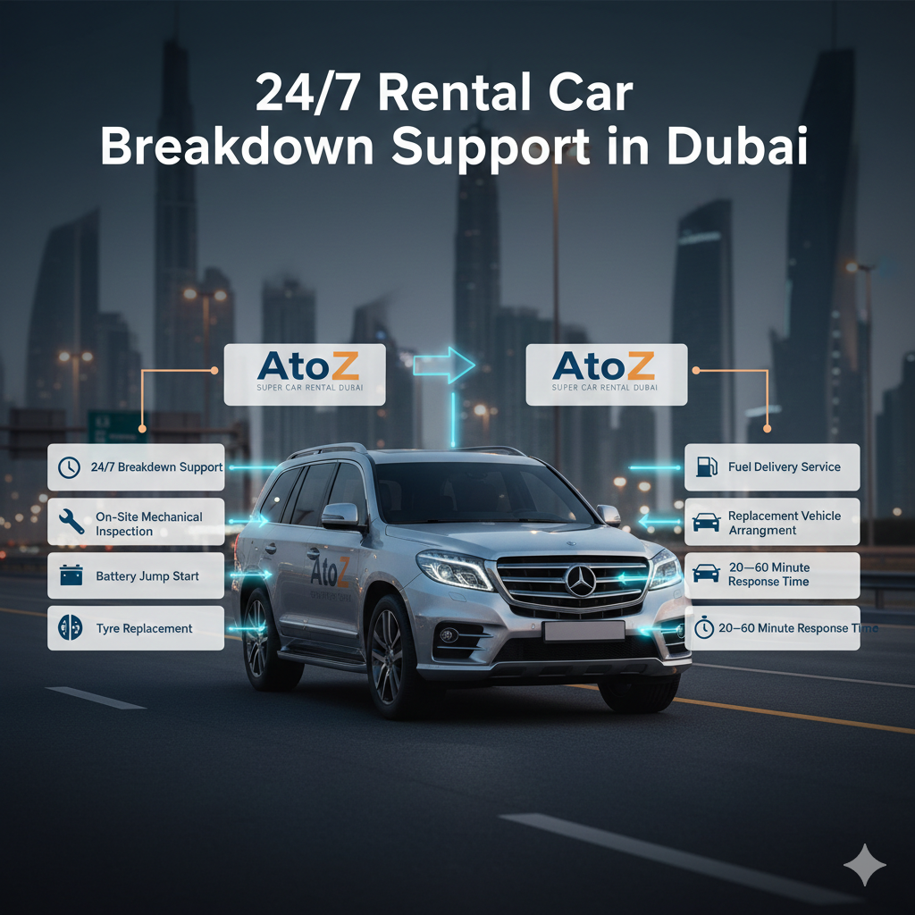 Premium infographic showing 24/7 rental car breakdown support in Dubai with a central branded vehicle and roadside assistance services listed on both sides.