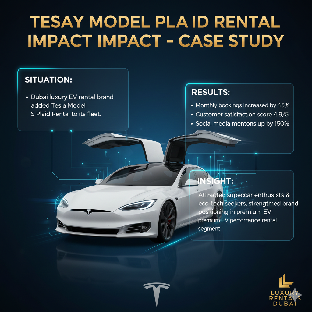 Luxury infographic-style user guide showing Tesla Model S Plaid in the center with title at the top and side spaces for case study details including Situation, Results (Monthly bookings +45%, Customer satisfaction 4.9/5, Social media mentions +150%), and Insight about attracting supercar enthusiasts and strengthening premium EV brand positioning.
