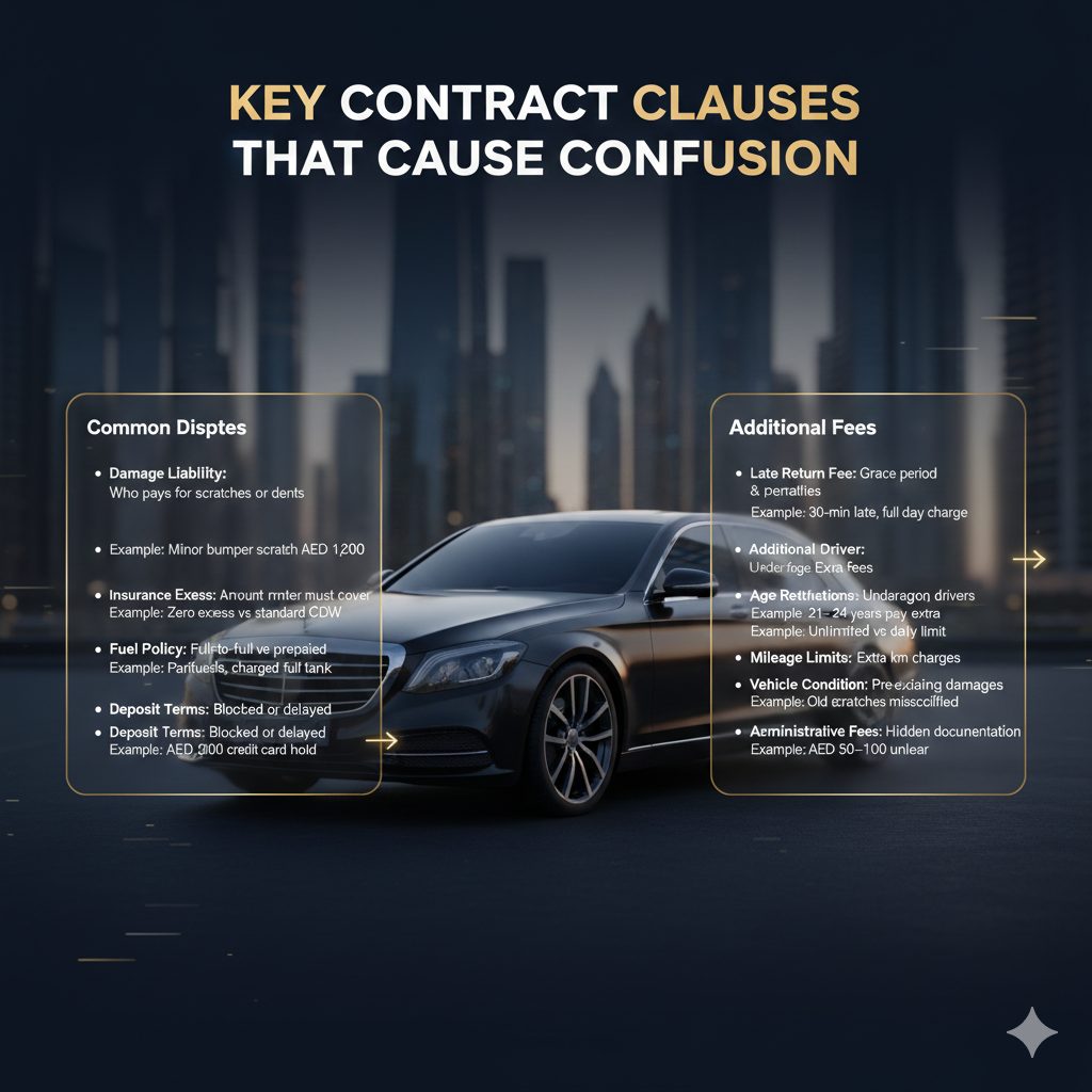 Key Contract Clauses That Cause Confusion – Dubai Rental Guide Infographic image illustrating key contract clauses causing confusion in Dubai car rentals, featuring a luxury rental vehicle at center with floating panels showing damage liability, insurance excess, fuel policy, deposit, late return, and other critical clauses.