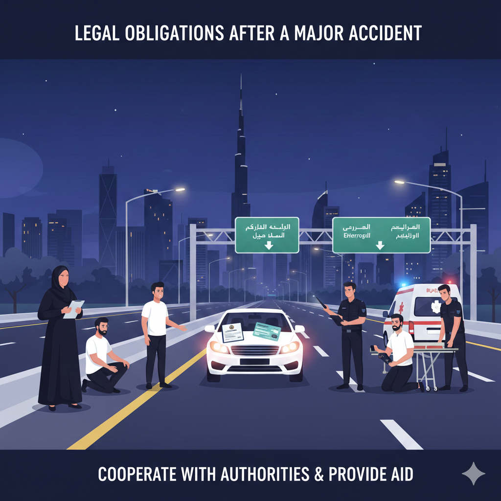 Illustration of a car accident in Dubai showing the driver at the scene, police officers investigating, and paramedics assisting injured people, emphasizing legal obligations.