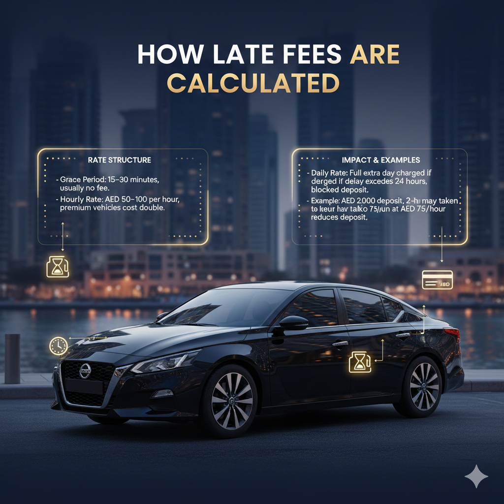 Infographic image showing a premium rental vehicle in Dubai with side panels explaining how late fees are calculated: grace period, hourly rate, daily rate, deposit deductions, and a real-world example.