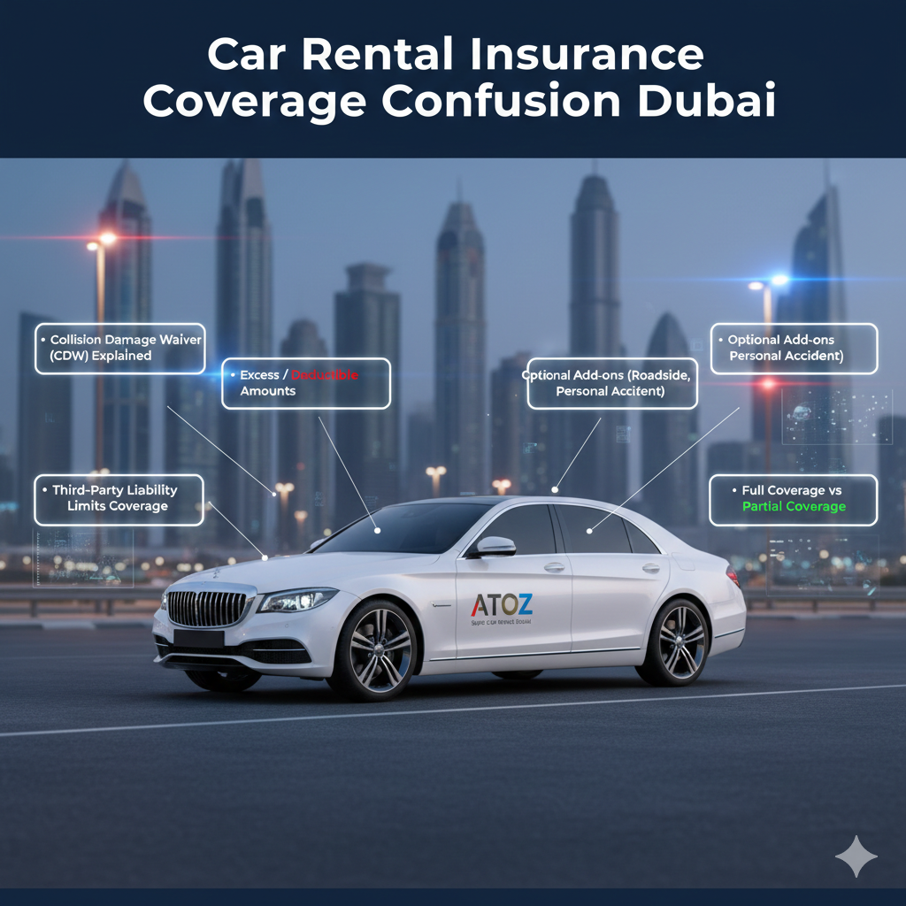 Infographic-style image showing rental car with AtoZ Super Car Rental Dubai branding, explaining insurance coverage confusion including CDW, excess, third-party liability, theft protection, optional add-ons, and authorized workshops.