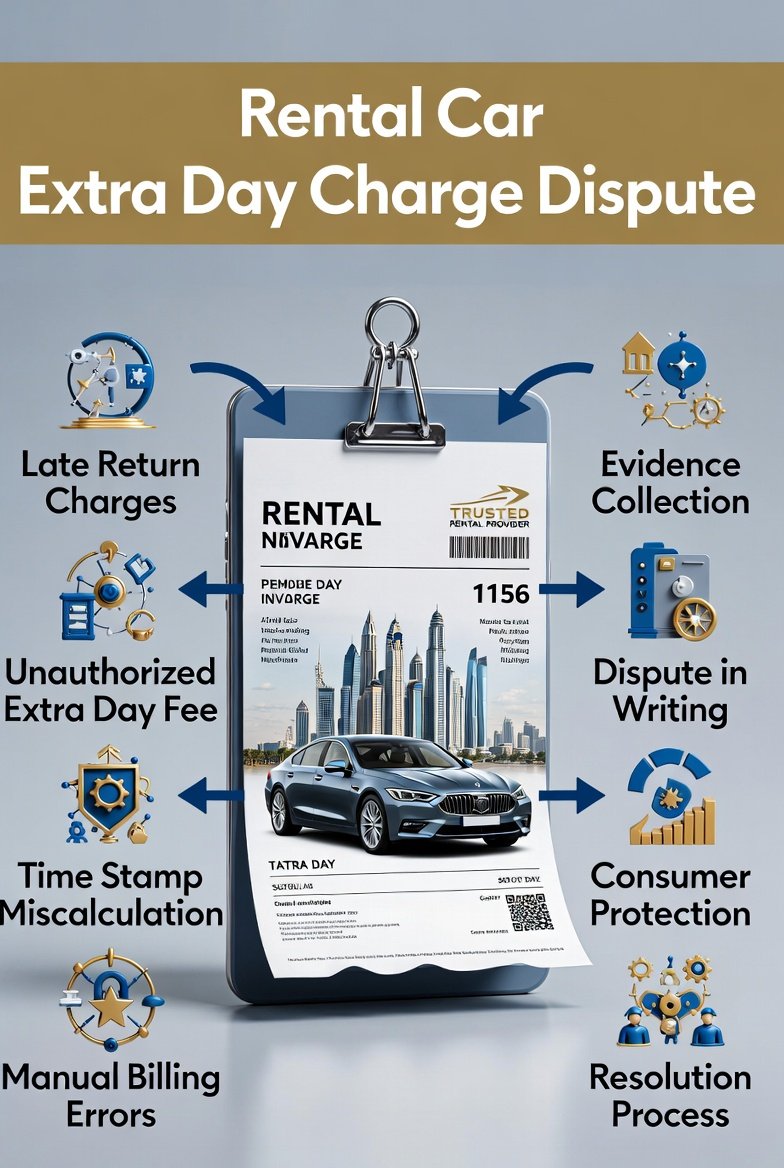 "Infographic-style user guide showing rental car extra day charge dispute, with central invoice, Dubai luxury car, and side bullet points for key causes, evidence, and resolution steps, plus brand logo."