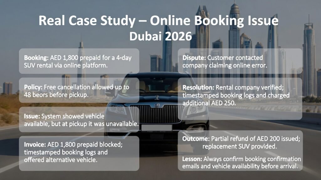 Feature image for “Real Case Study – Online Booking Issue Dubai 2026” showing a luxury SUV in the center with Dubai skyline in the background. Key points from the case study — booking, policy, issue, invoice, dispute, resolution, outcome, and lesson — are displayed on both sides as animated highlights.