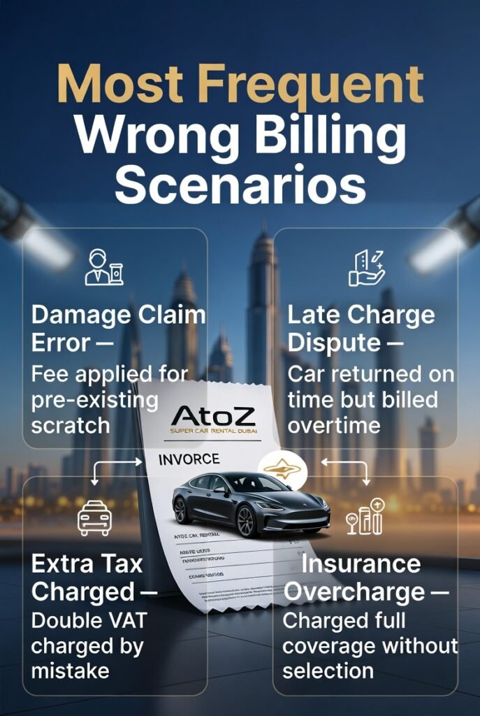 "Most Frequent Wrong Billing Scenarios – Dubai Car Rentals" "Infographic-style user guide showing most frequent wrong billing scenarios in Dubai car rentals, with central invoice, luxury car, and side bullet points for each scenario."
