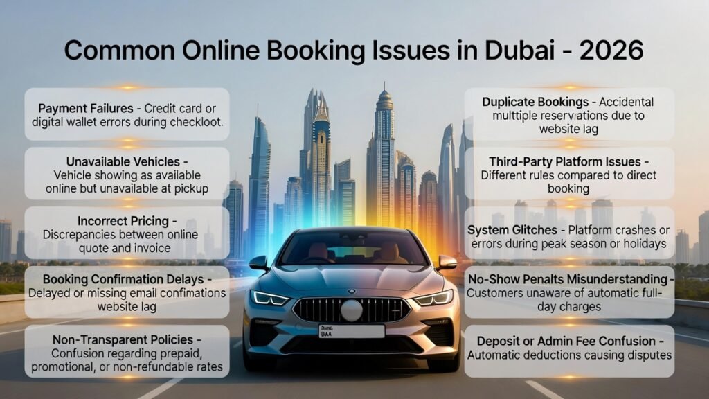 Feature image for “Common Online Booking Issues in Dubai – 2026” showing a luxury SUV in the center with Dubai skyline in the background. Key points like payment failures, unavailable vehicles, incorrect pricing, booking confirmation delays, duplicate bookings, non-transparent policies, third-party platform issues, system glitches, no-show penalties, and deposit/admin fee confusion are displayed on both sides as animated highlights.
