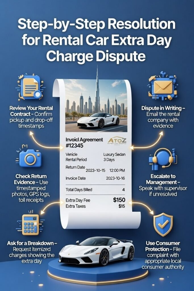 "Infographic-style user guide showing step-by-step resolution of a rental car extra day charge dispute, with central invoice, Dubai luxury car, and side bullet points for contract review, evidence check, breakdown request, written dispute, escalation, and consumer protection steps, plus brand logo."