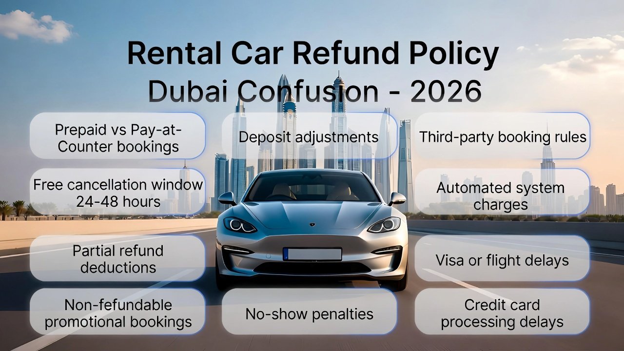 Feature image for “Rental Car Refund Policy Dubai Confusion – 2026” showing a luxury SUV in the center with Dubai skyline in the background. Key points about prepaid bookings, cancellation windows, partial refunds, non-refundable deals, no-show penalties, deposit adjustments, third-party bookings, automated charges, travel delays, and credit card processing are displayed on both sides as animated highlights.