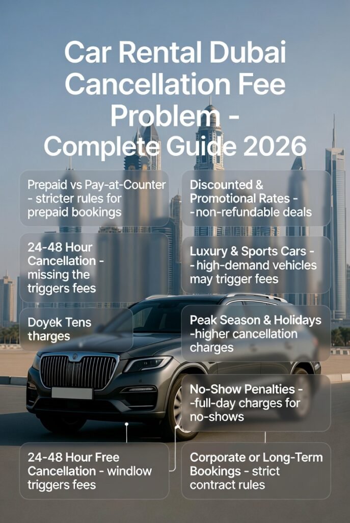 Feature image for “Car Rental Dubai Cancellation Fee Problem – Complete Guide 2026” showing a luxury SUV in the center with Dubai skyline in the background. Key points about prepaid bookings, non-refundable rates, high-demand vehicles, free cancellation window, no-show penalties, and corporate rules are displayed on both sides as animated text highlights.