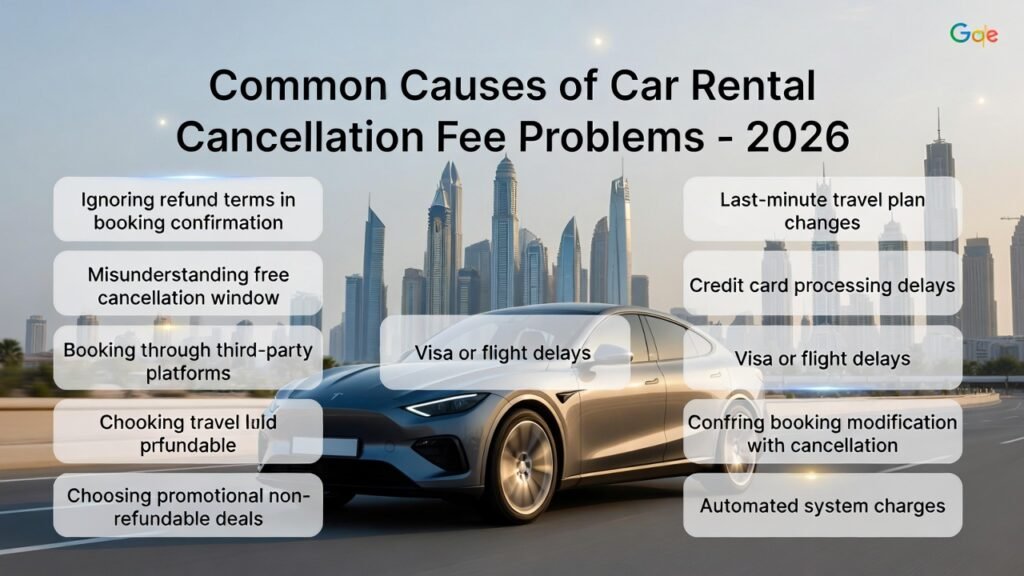 Feature image for “Common Causes of Car Rental Cancellation Fee Problems – 2026” showing a luxury SUV in the center with Dubai skyline in the background. Key causes such as ignoring refund terms, free cancellation misunderstandings, third-party bookings, non-refundable deals, last-minute changes, visa delays, credit card delays, booking confusion, automated charges, and timing differences are displayed on both sides as animated highlights.