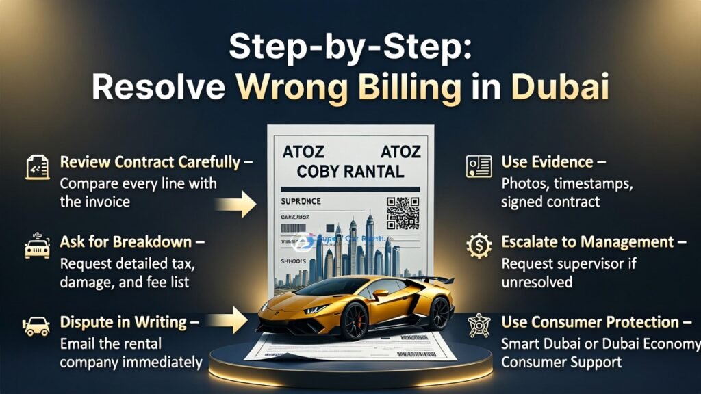 "Step-by-Step: Resolve Wrong Billing in Dubai – User Guide" "Infographic-style user guide showing step-by-step process to resolve wrong billing in Dubai car rentals, with a central invoice, luxury car, and side bullet points for each resolution step."