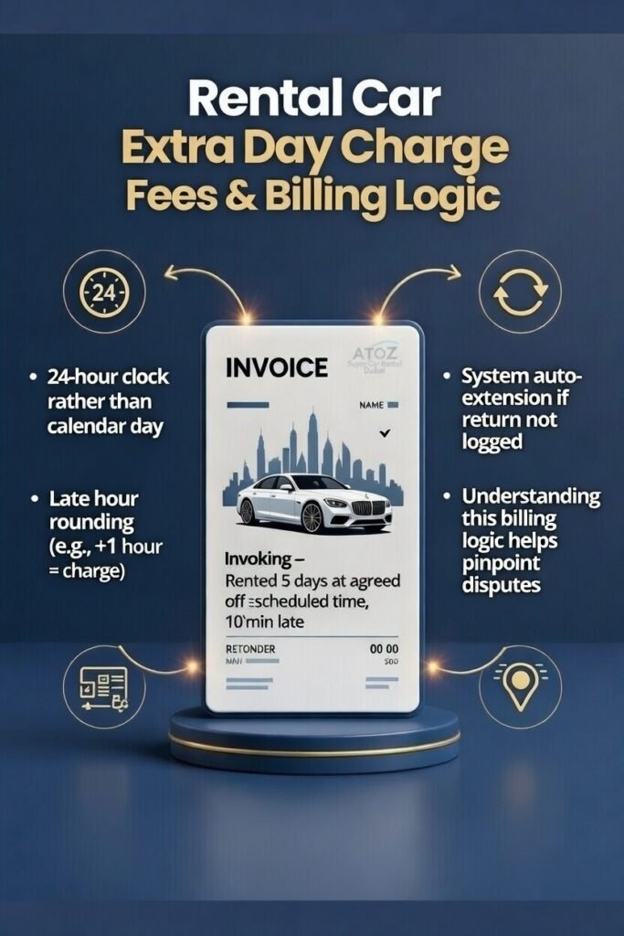 "Infographic-style user guide showing rental car extra day charge billing logic, with central invoice, Dubai luxury car, and side bullet points for 24-hour clock calculation, late hour rounding, system auto-extension, and understanding billing logic, plus brand logo."